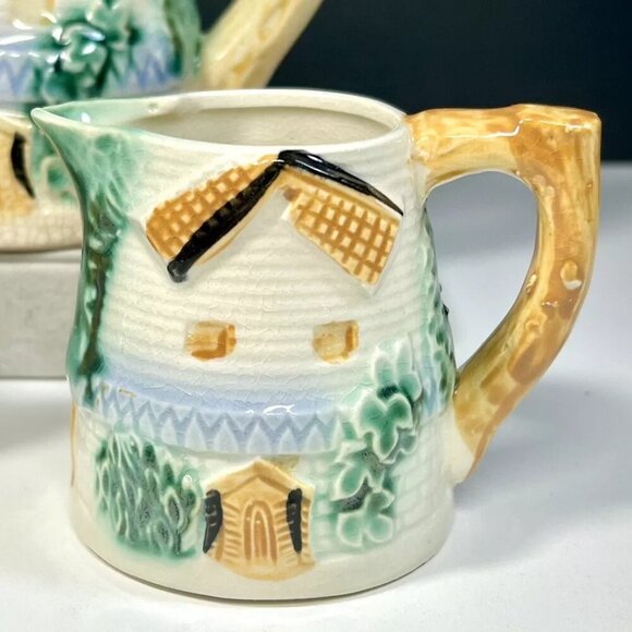 Vintage Ceramic Windmill Tea Set Made in Japan Hand Painted Teapot Sugar Creamer - Picture 3 of 14